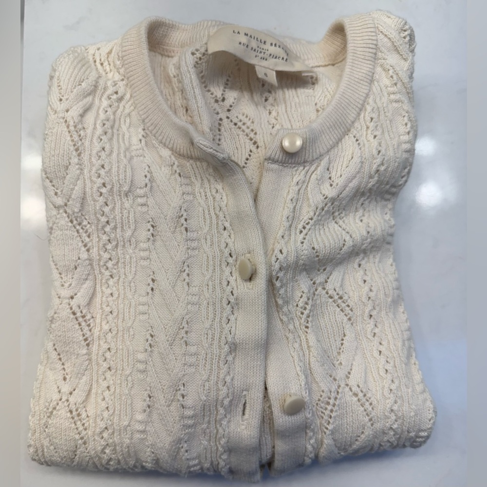 Woman’s Sezane  Ruben Long Sleeve Cardigan in cream Color With Round Neckline